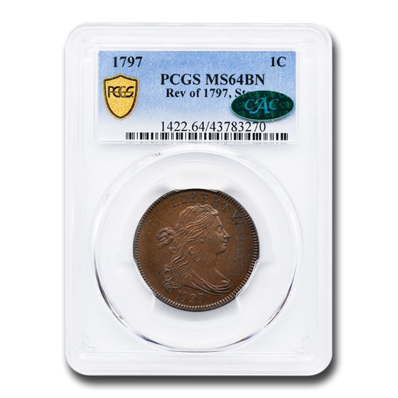 1797 Draped Bust Large Cent MS-64 PCGS CAC (BN, Rev of 97, Stems) 1797 Draped Bust Large Cent MS-64 PCGS CAC (BN, Rev of 97, Stems)